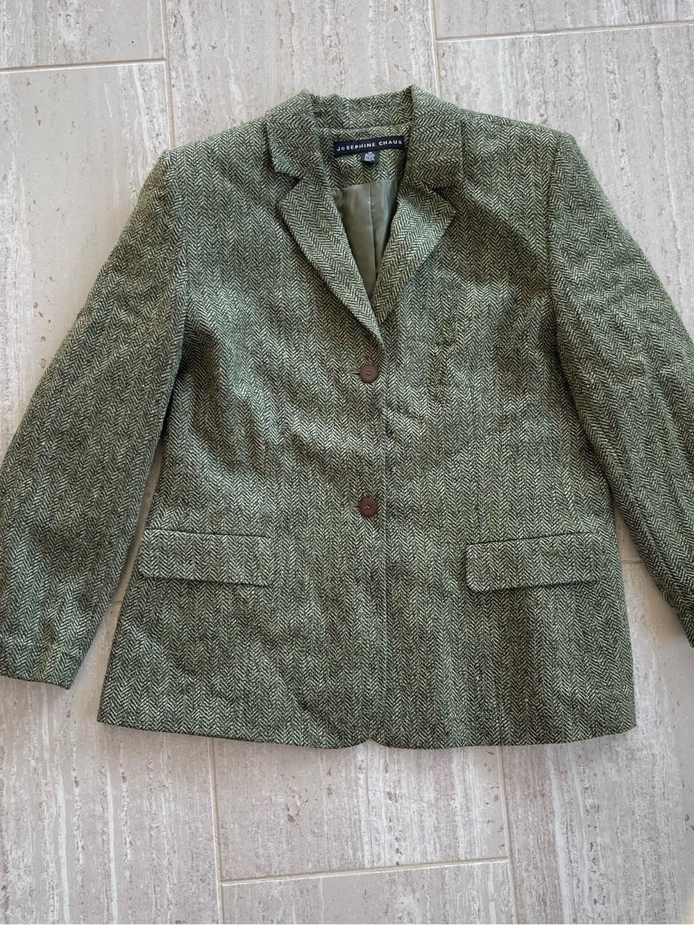 Josephine Chaus Green Herringbone Wool Silk Blend Blazer Jacket Women Size 16